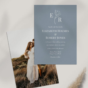 Dusty Blue Floral Monogram Custom Photo Wedding Invitation