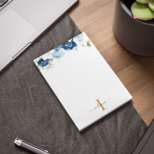 Dusty Blue Floral Monogram Eucalyptus Script Name Notepad