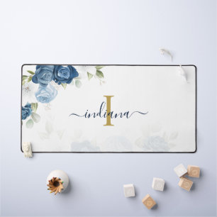 Dusty Blue Floral Monogram Name Elegant Desk Mat