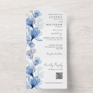 Dusty Blue Floral Monogram QR Code Wedding All In One Invitation