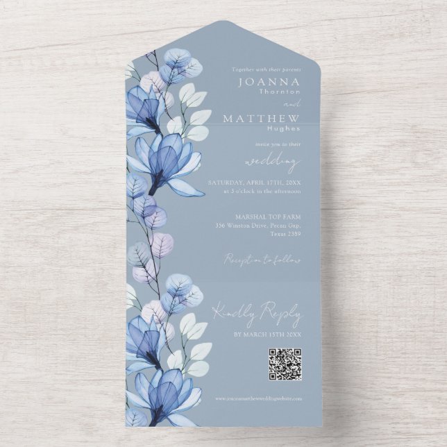 Dusty Blue Floral Monogram QR Code Wedding All In One Invitation (Inside)