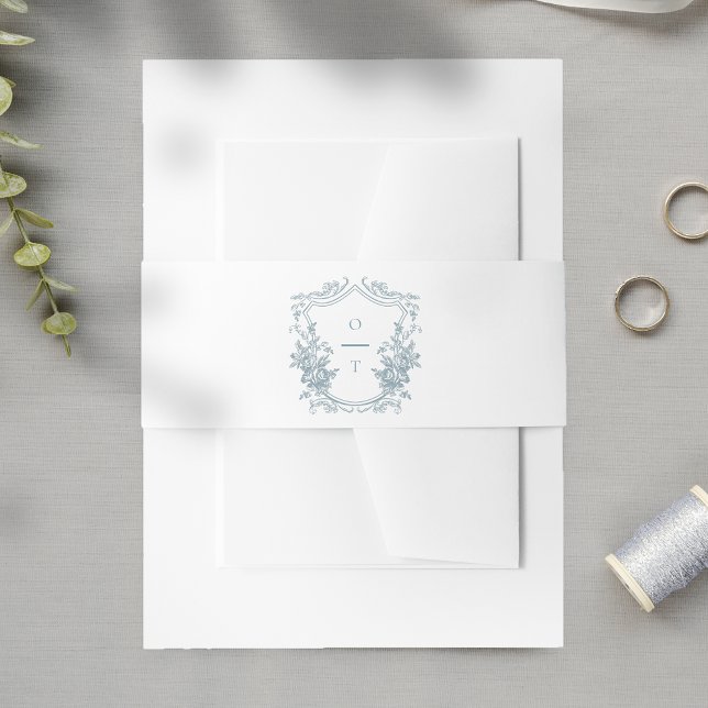 Dusty Blue Floral Monogram Wedding Crest Invitation Belly Band (Creator Uploaded)