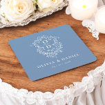 Dusty Blue Floral Monogram Wedding Crest Modern Square Paper Coaster<br><div class="desc">Add an elegant touch to your celebration with the Modern Monogram Wedding Crest Square Paper Coaster. Featuring a sophisticated monogram crest design, these coasters are perfect for weddings, engagement parties, or bridal showers. The stylish square shape and high-quality, absorbent paper protect surfaces while enhancing your decor. Personalise with your initials...</div>