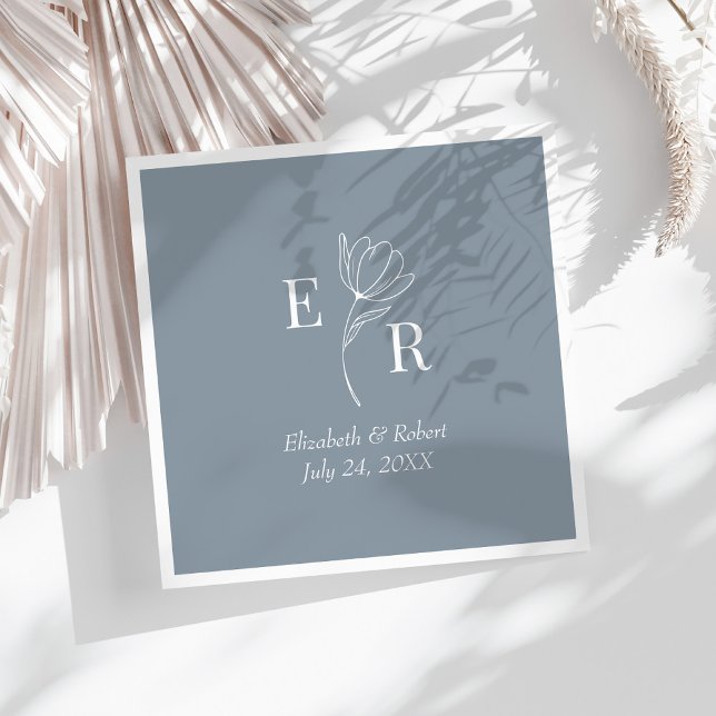 Dusty Blue Floral Monogram Wedding  Napkin (Dusty Blue Floral Monogram Wedding Napkins on a sunny white table.)