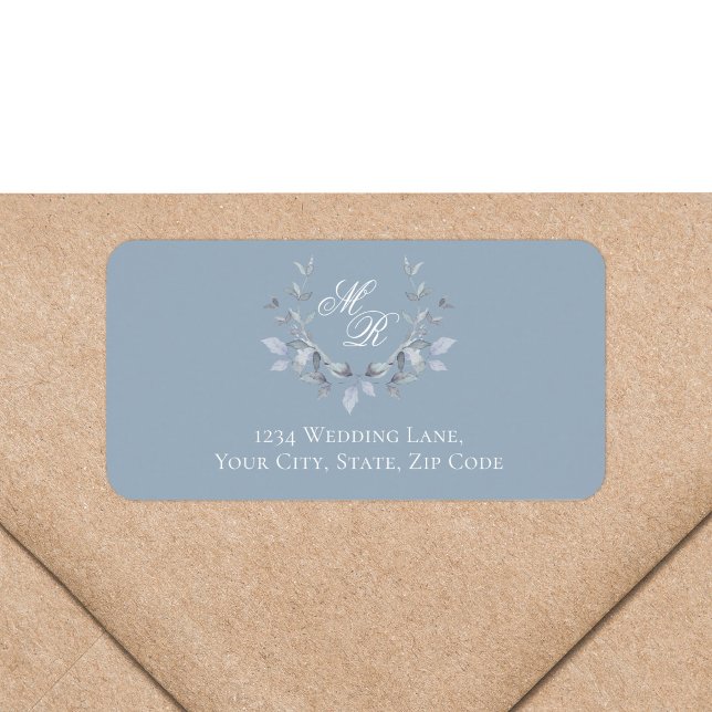 Dusty Blue Floral Monogram Wedding Return Label (Dusty blue monogram return address label with soft watercolor greenery wreath)