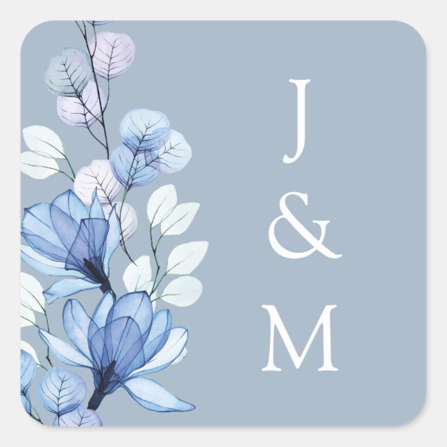 Dusty Blue Floral Monogram Wedding Square Sticker (Front)