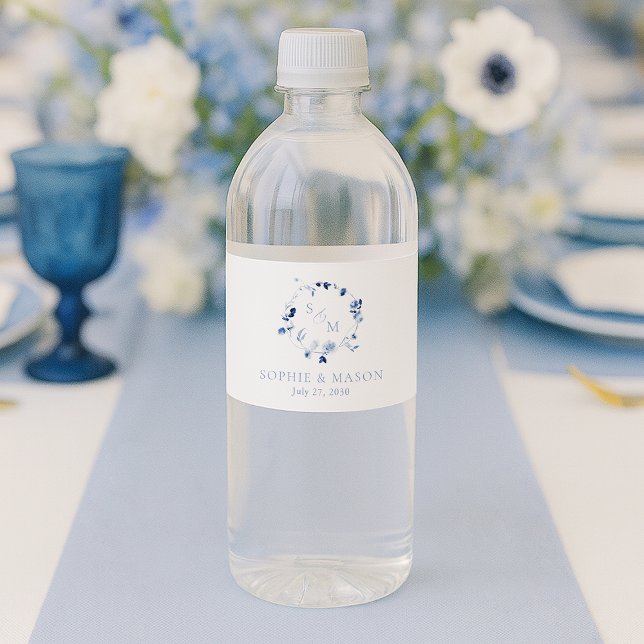 Dusty Blue Floral Monogram Wedding Water Bottle Label (Creator Uploaded)