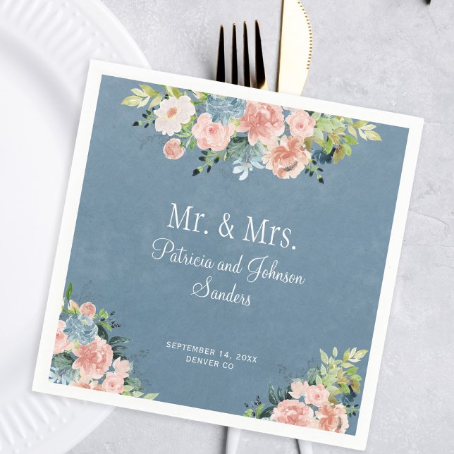 Dusty blue floral Mr & Mrs elegant script wedding Napkin (Creator Uploaded)