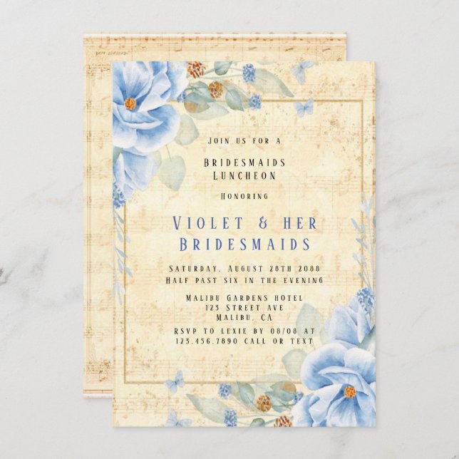 Dusty Blue Floral Musical Bridesmaids Luncheon  Invitation (Front/Back)