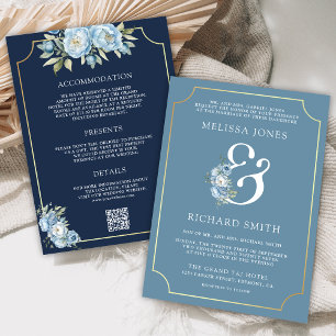 Dusty Blue Floral Navy QR Code All in One Wedding Invitation