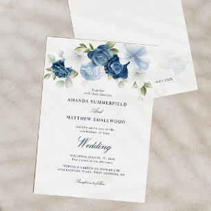 Dusty Blue Floral Navy Script Wedding Invitation