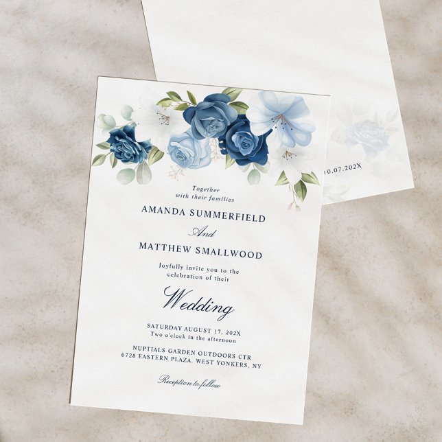 Dusty Blue Floral Navy Script Wedding Invitation (Dusty Blue Floral Script Minimalist Wedding Invitation)