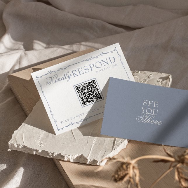 Dusty Blue Floral Old Money QR Code Wedding RSVP Card (Creator Uploaded)