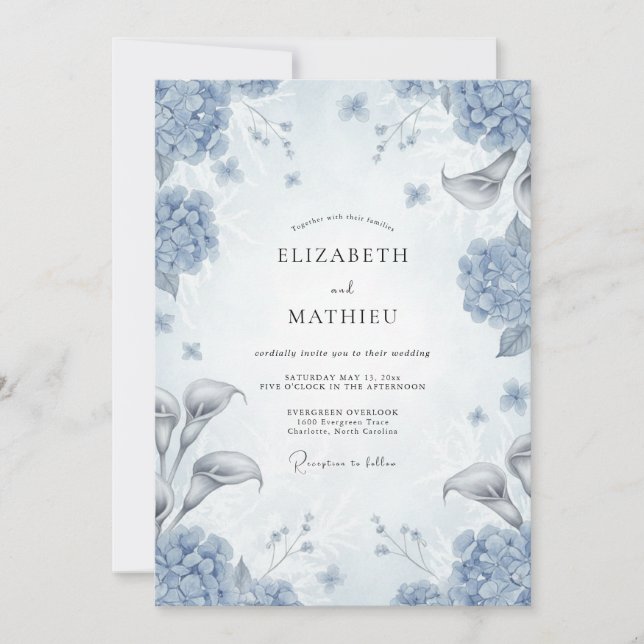 Dusty Blue Floral Opulence Wedding Invitation (Front)