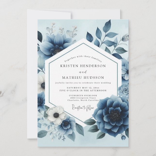 Dusty Blue Floral Opulent Wedding Invitation (Front)