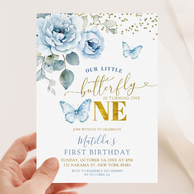 Dusty Blue Floral Our Little Butterfly Turning One Invitation (Creator Uploaded)
