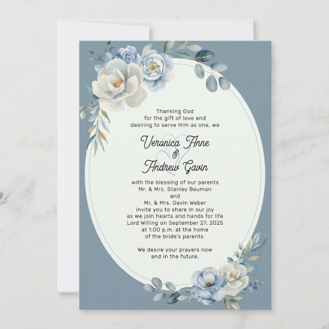 Dusty Blue Floral Oval Frame Wedding Invitation (Front)