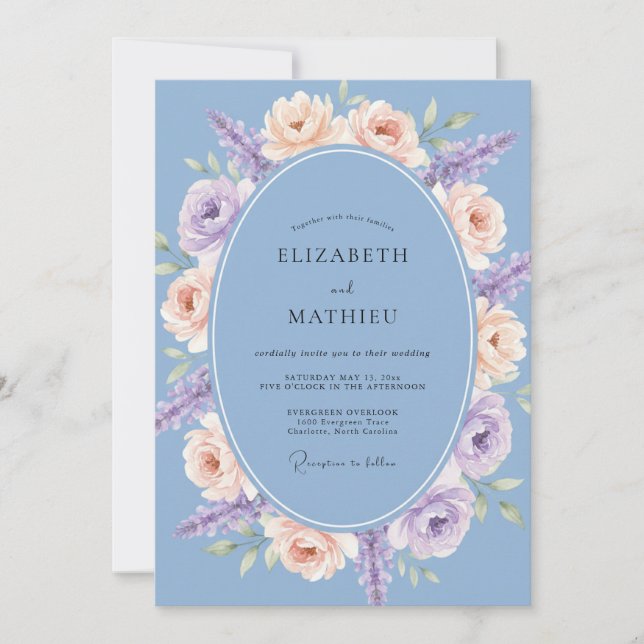Dusty Blue Floral Oval Wedding Invitation (Front)