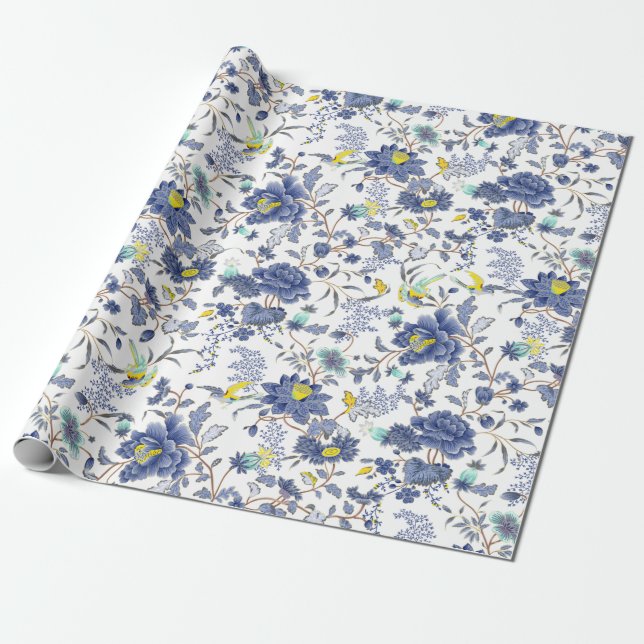 dusty blue floral pattern wrapping paper (Unrolled)
