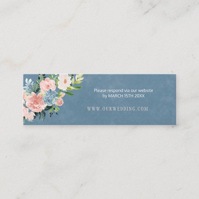 Dusty blue floral peach chic wedding website RSVP Mini Business Card (Front)