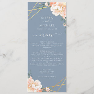 Dusty Blue Floral Peach Gold Wedding Reception Menu