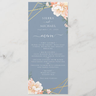 Dusty Blue Floral Peach Gold Wedding Reception Menu