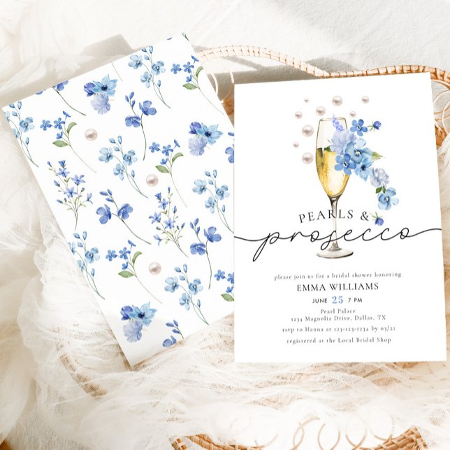 Dusty Blue Floral Pearls & Prosecco Bridal Shower Invitation (Creator Uploaded)
