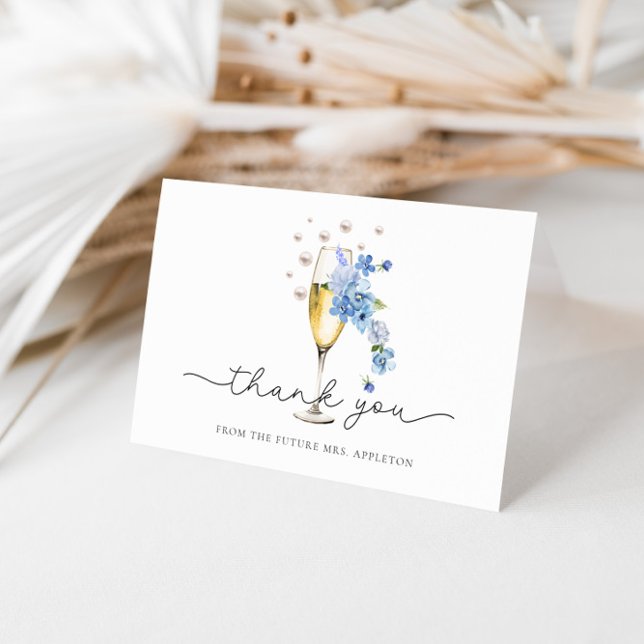 Dusty Blue Floral Pearls & Prosecco Bridal Shower Thank You Card (Creator Uploaded)