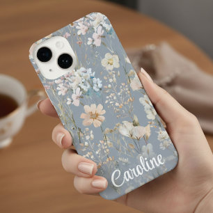 Dusty Blue Floral Personalized  iPhone 14 Case