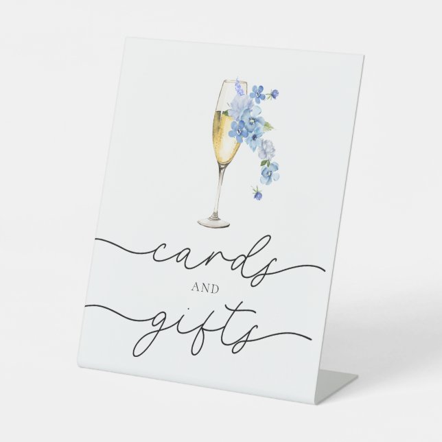 Dusty Blue Floral Petals & Prosecco Cards & Gifts Pedestal Sign (Front)