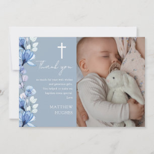 Dusty Blue Floral Photo Baptism Christening Thank You Card