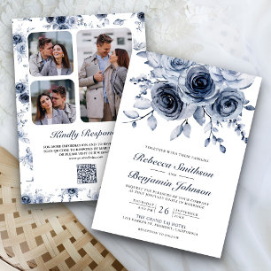 Dusty Blue Floral Photo Collage QR Code Wedding Invitation