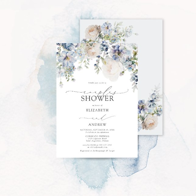 Dusty Blue Floral Photo Couples Shower  Invitation (Creator Uploaded)