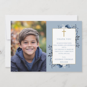 Dusty Blue Floral Photo First Holy Communion Thank You Card