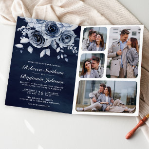 Dusty Blue Floral Photo QR Code Navy Wedding Invitation