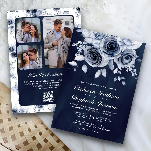 Dusty Blue Floral Photo QR Code Navy Wedding Invitation (Creator Uploaded)