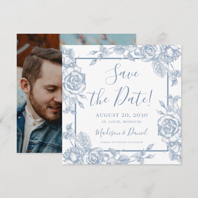 Dusty Blue Floral Photo Save the Date Invitation (Front/Back)