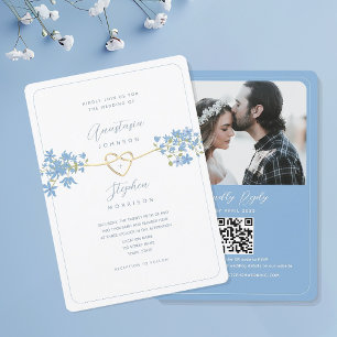 Dusty Blue Floral Photo Wedding Invite with QR