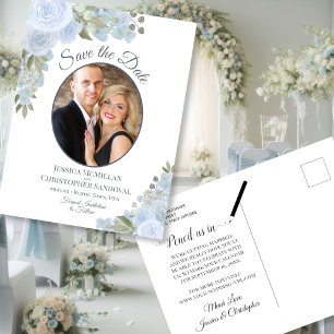 Dusty Blue Floral & Photo Wedding Save the Date Announcement Postcard
