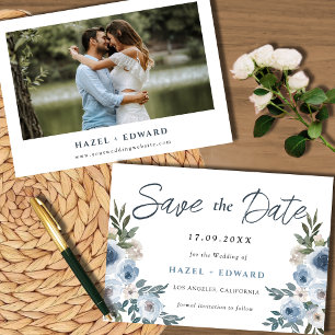 Dusty Blue Floral Photo Wedding Save The Date Card