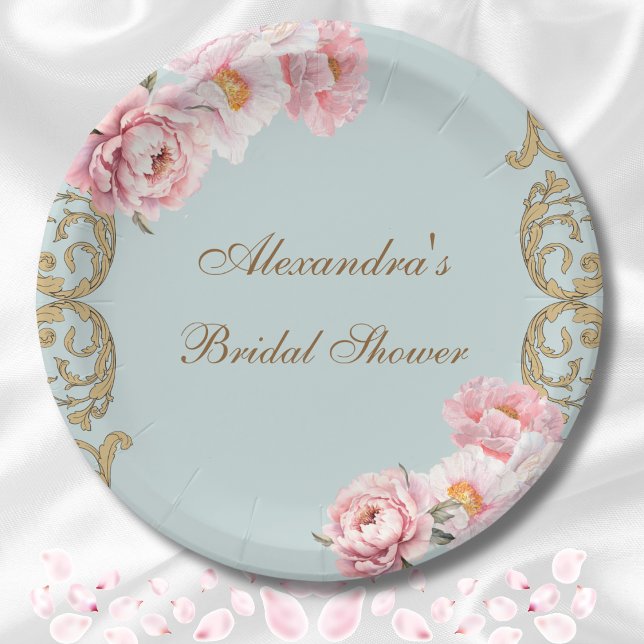 Dusty Blue Floral Pink Peony Vintage Bridal Shower Paper Plate (Creator Uploaded)
