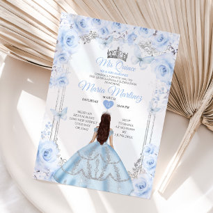 Dusty Blue Floral Princess Mis Quince 15 Anos Invitation