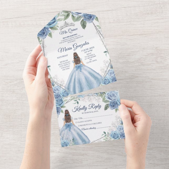 Dusty Blue Floral Princess Quinceañera 15 Anos All In One Invitation (Tearaway)