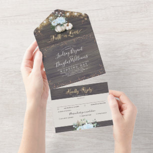 Dusty Blue Floral Pumpkin Rustic Fall Wedding All In One Invitation