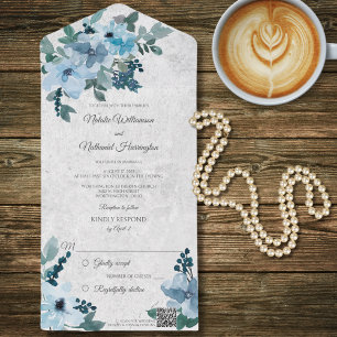 Dusty Blue Floral QR Code All In One Invitation