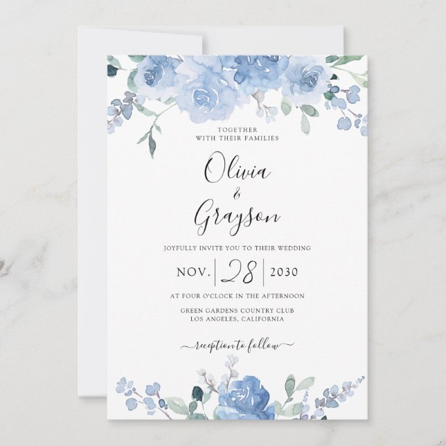 Dusty Blue Floral QR Code RSVP All In One Wedding Invitation (Front)