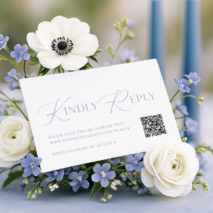 Dusty Blue Floral QR Code RSVP Card 