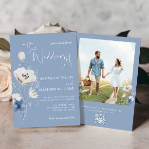 Dusty Blue Floral QR Code RSVP Photo Wedding Invitation