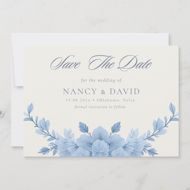 Dusty Blue Floral Qr Code Wedding  Save The Date (Front)