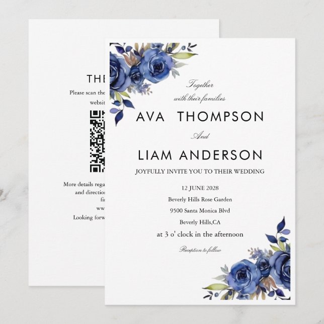 Dusty Blue  Floral QR simple  Wedding Invitation (Front/Back)
